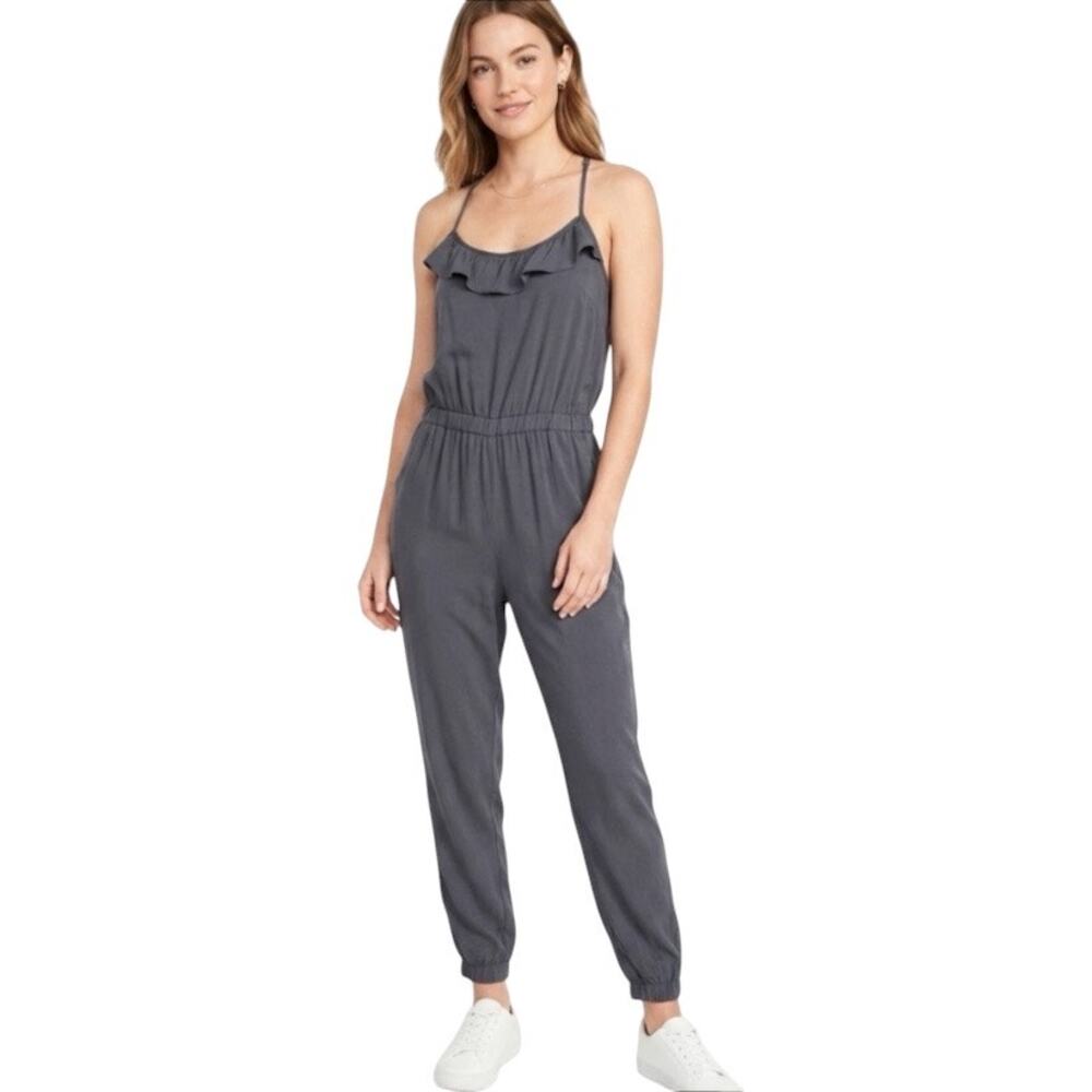 🔥 Abercrombie & Fitch Dark Gray Ruffle Trim Sleeveless Jumpsuit Size Medium